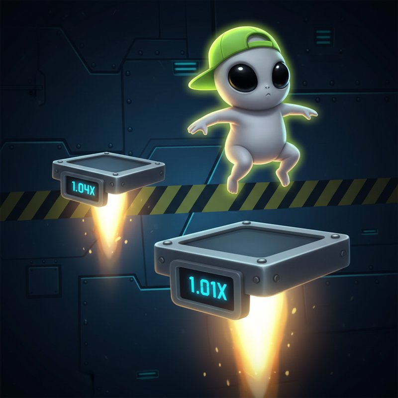 Jumper slot game: alien character with green cap jumping between metallic floating platforms with rocket flames in deep space, showing cyan multiplier displays 1.04x and 1.01x